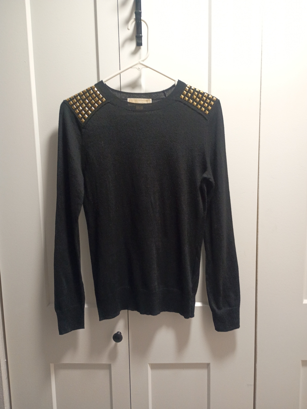 Michael Kors Black Crewneck Sweater with Gold Shoulder Studs
